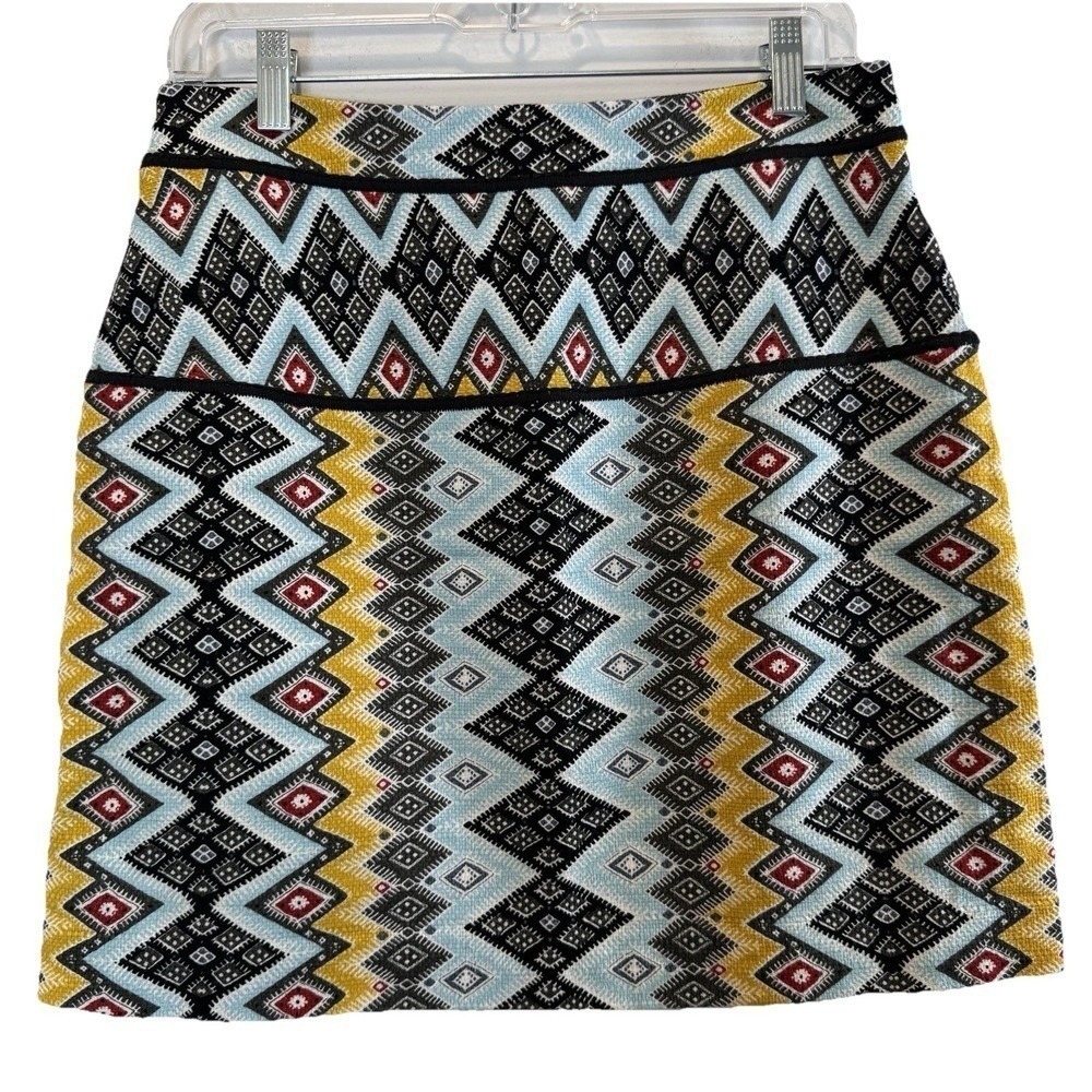 Ann Taylor LOFT Skirt Womens 4 Mini Geometric Ikat Blue Yellow Cotton Office